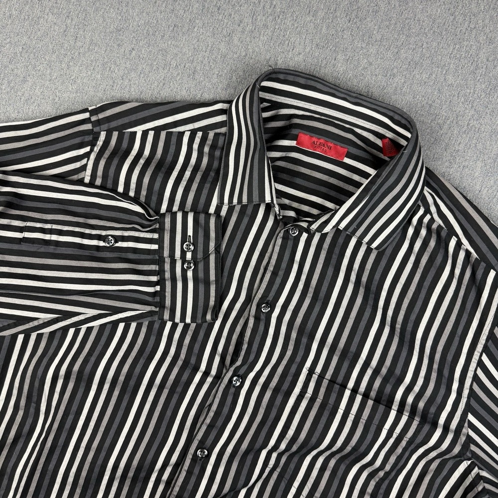 Alfani Dress Shirt Mens Large Long Sleeve Striped Black White Grey Fitted Cotton